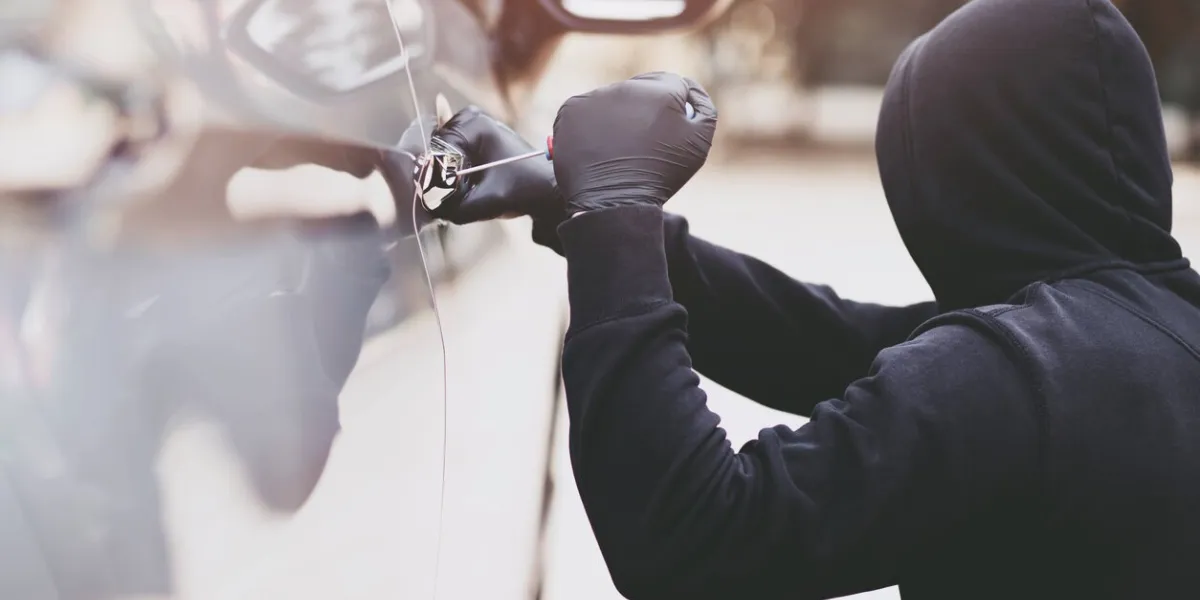 the thief is stealing the purse in the car