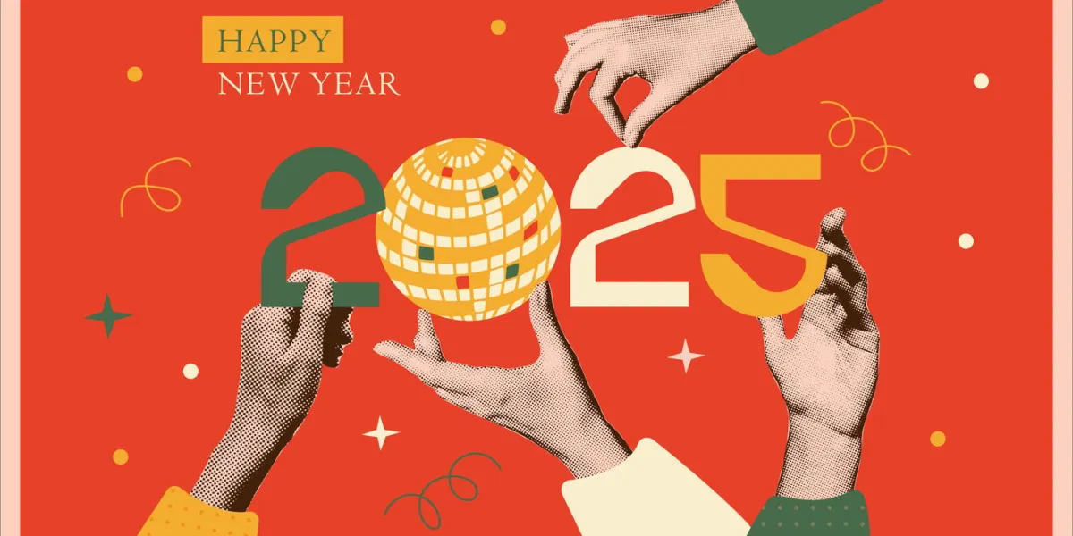 2025 new year art collage banner with halftone hands holding disco ball and cut out numbers trendy muted retro vector illustration
