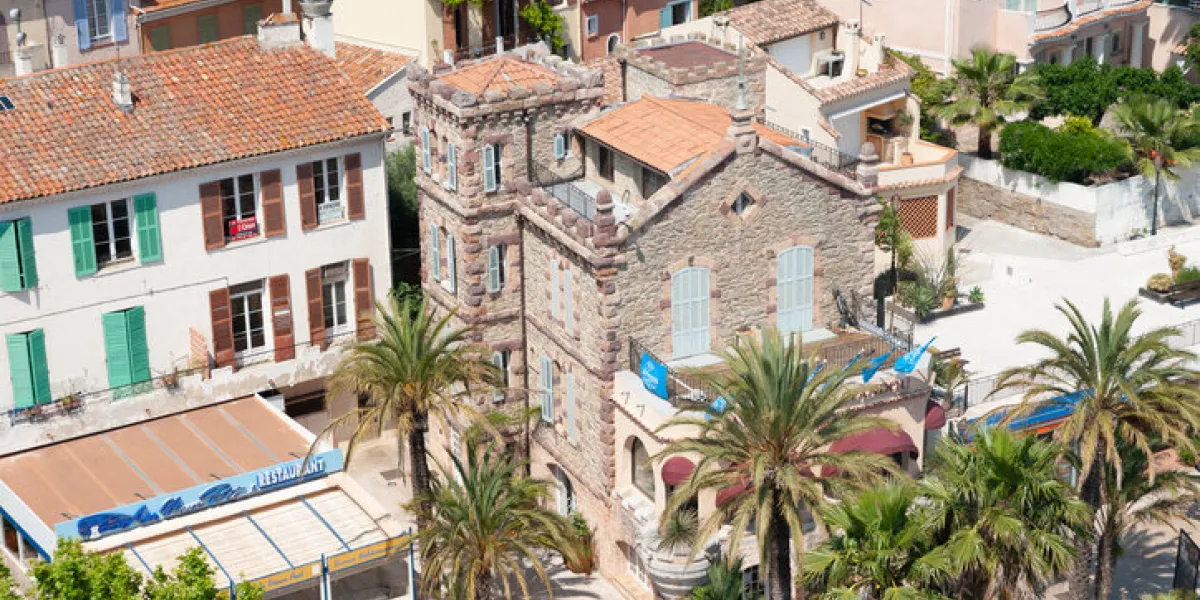 cityscape with the building of tourist office in le lavandou in the department var of the province provence-alpes-cote d´azur