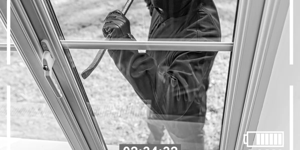 cctv view of burglar breaking in to home through window with crowbar