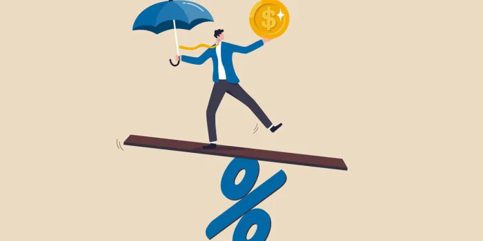 central bank money policy for inflation or interest rate, balance between profit and loss, financial challenge or risk, economic recover concept, businessman leader balance himself on percentage sign