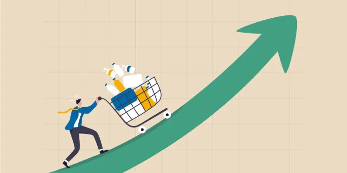 inflation causing grocery price rising up, more expense, cost and spending, economic crisis or consumer price rising up concept, businessman push shopping cart trolley up rising price graph