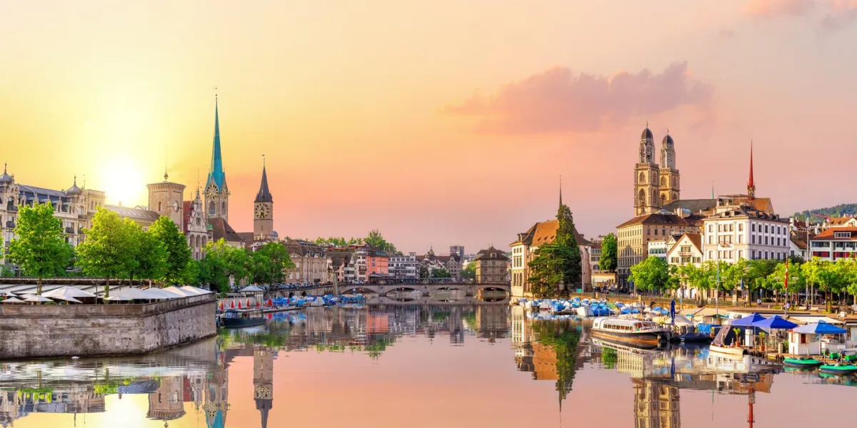 aerial view on the downtown of zurich and its reflection, switzerland