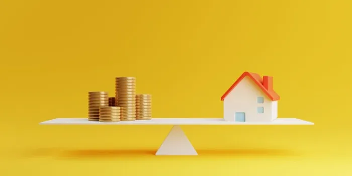 house and coin on balancing scale on yellow background real estate business mortgage investment and financial loan concept money saving and cashflow theme 3d illustration rendering graphic design