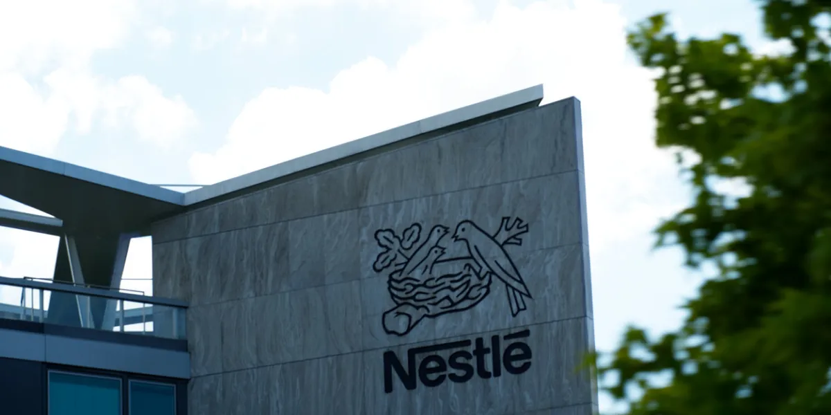 loge of food company nestlé at headquarters at city of vevey on a cloudy summer day photo taken august 28th, 2021, vevey, switzerland