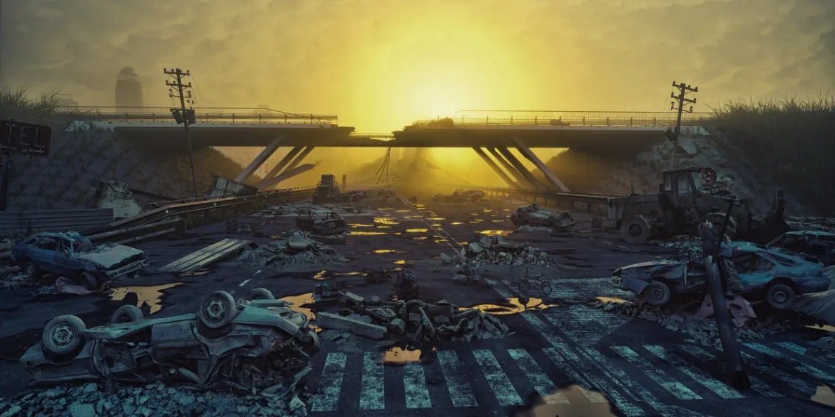 ruins of a city highway apocalyptic landscape3d illustration concept