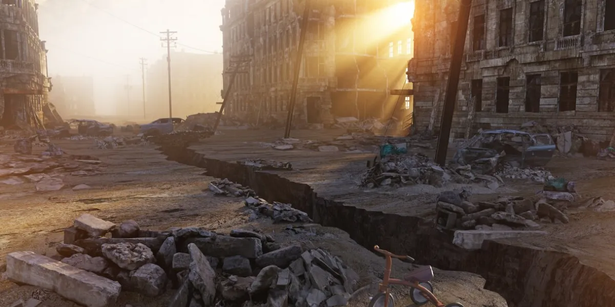 ruins of a city with a crack in the street 3d illustration concept