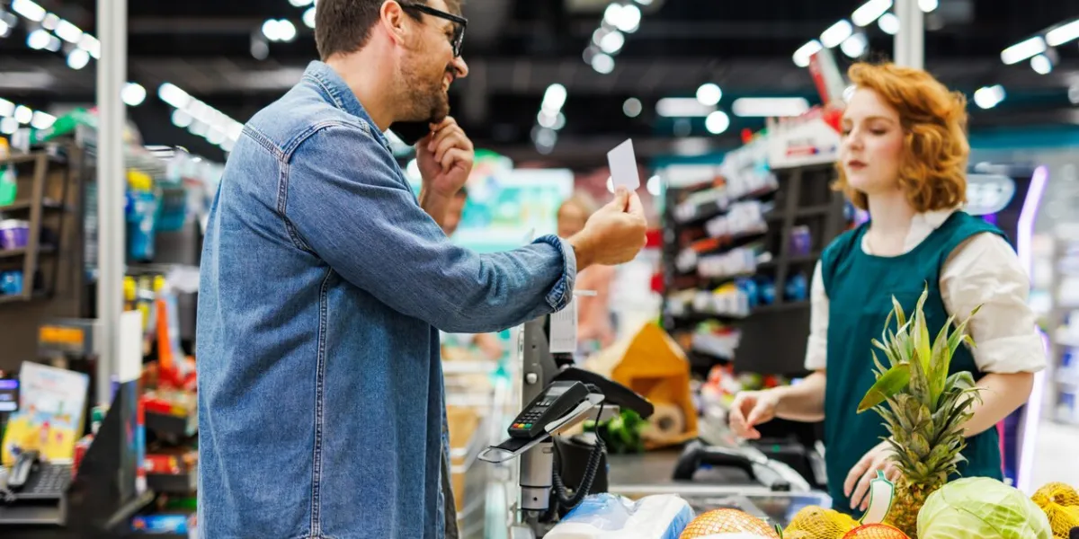 customer multitasks at supermarket checkout, using loyalty card and talking on phone modern store layout with fresh produce, efficient shopping, and friendly cashier
