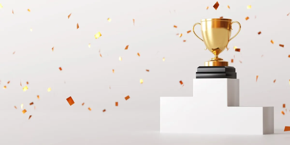 gold confetti and 3d trophies, podium