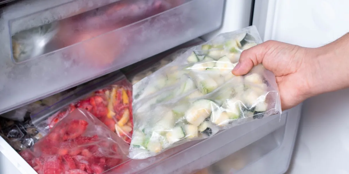 freezer and frozen vegetables, a person taking food from the freezer, closeup