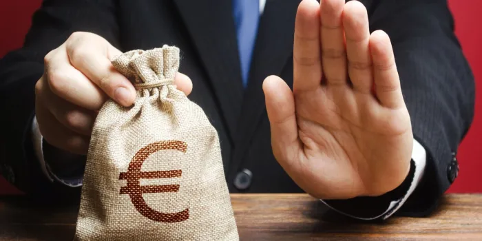 businessman refuses to give european euro eur money bag refusal to grant loan mortgage, bad credit history refuses cooperate financial difficulties economic sanctions, confiscation funds