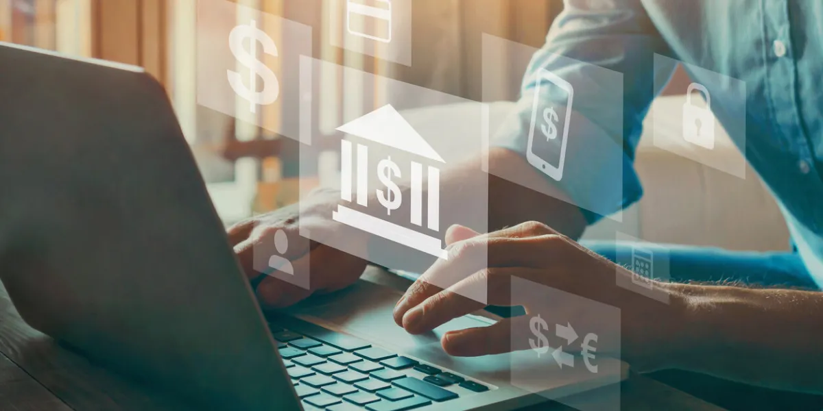 banking online concept, internet bank, financial services diagram on virtual screens against hands typing on keyboard