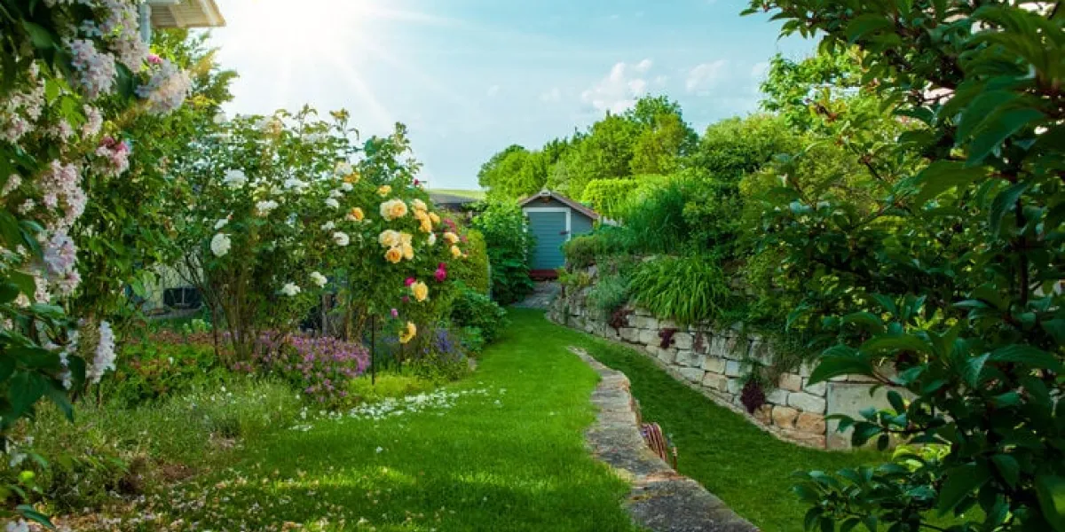 residential garden in sun landscape design in home garden, beautiful landscaping in backyard in summer beautiful private home garden in full bloom beautiful landscaping in backyard with flowerbed