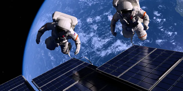 astronauts in space around the solar battarei(the texture of the planet was generated using the program 3d max)