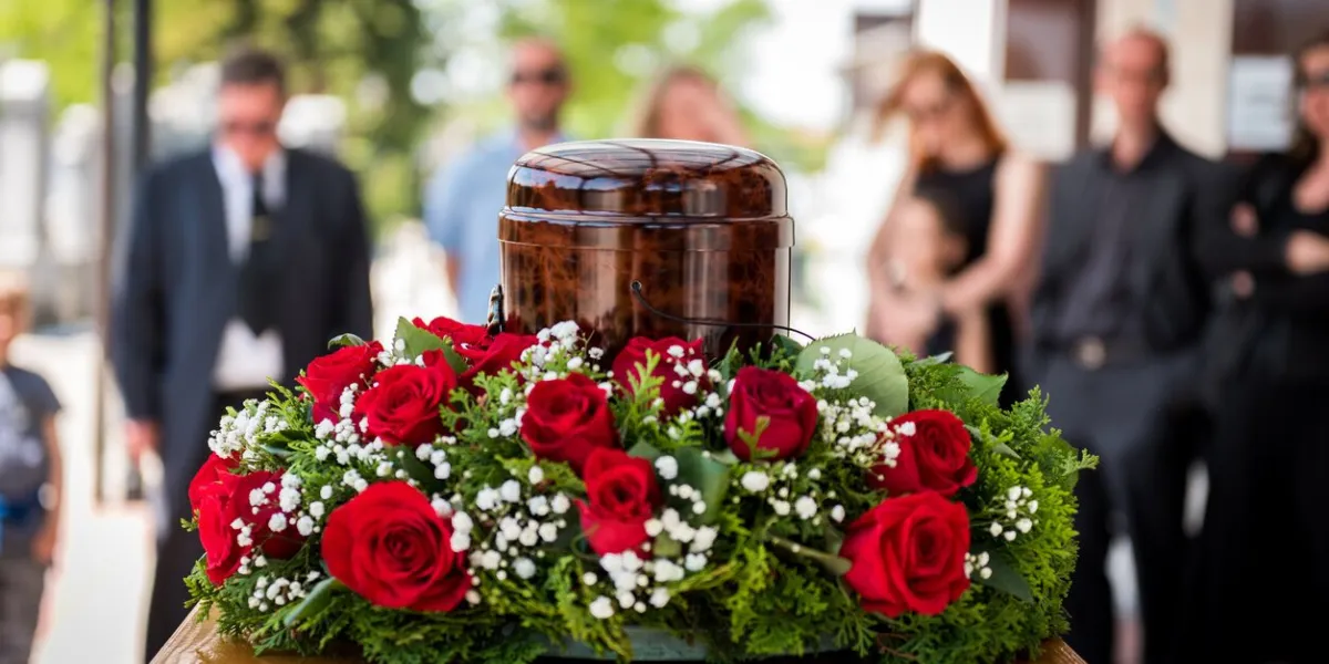 funerary urn with ashes of dead and flowers at funeral burial urn decorated with flowers and people mourning in background at memorial service, sad and grieving last farewell to deceased person