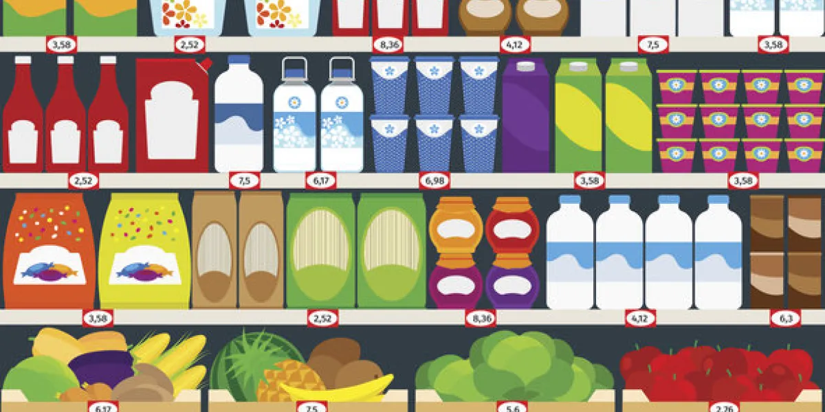 vertical vector background, store shelves full of groceries vector illustration