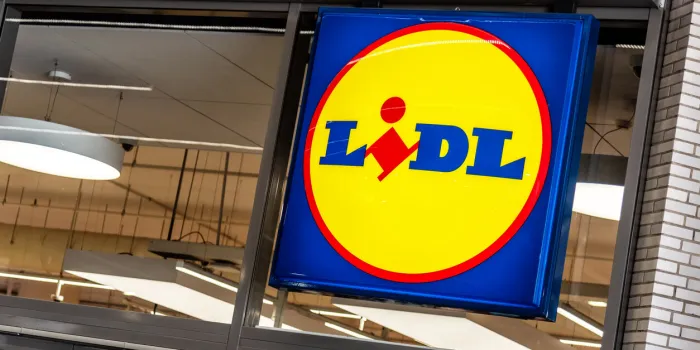 barcelona, spain - june 2022  lidl logo on the supermarket located in the mercat de sant antoni in barcelona lidl stiftung co kg is a supermarket chain of german origin
