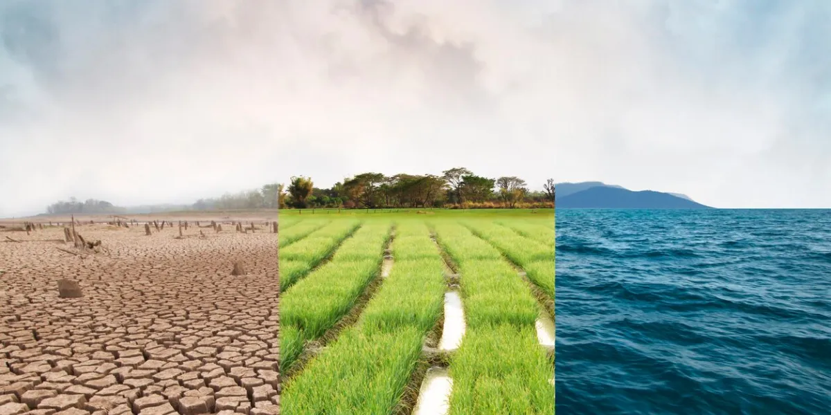 climate change, compare image with drought, green field and ocean metaphor nature disaster, world climate and environment, ecology system