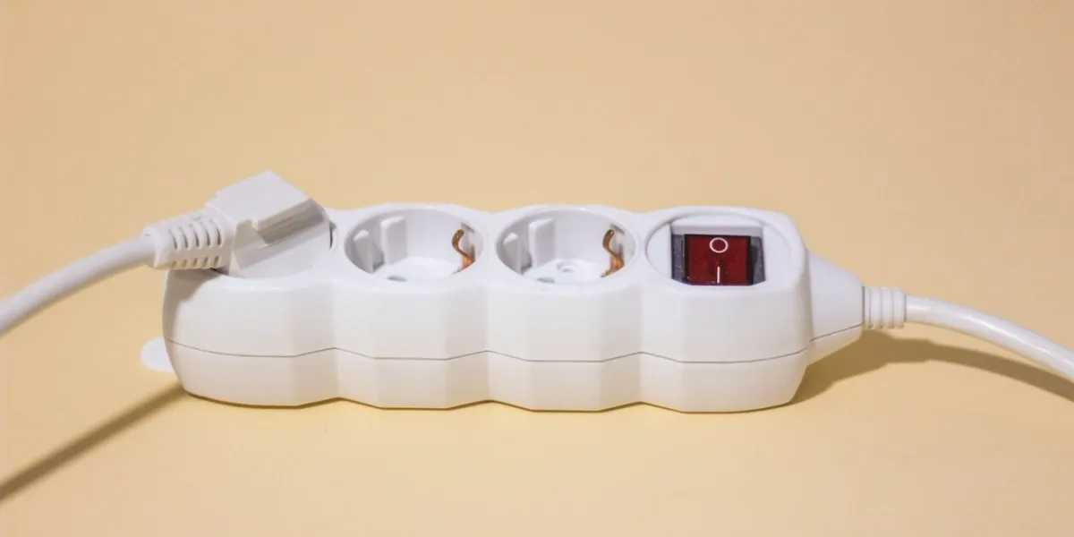 electric cable plugged in extension cord socket isolated on yellow background illustrating energy consumption or making alternative renewable and greener energy sources