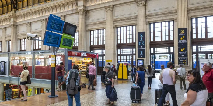 bordeaux, france - june 13, 2017  people waiting for trains at the main hall of bordeaux main railway station bordeaux-saint-jean (gare sncf) the current station building opened in