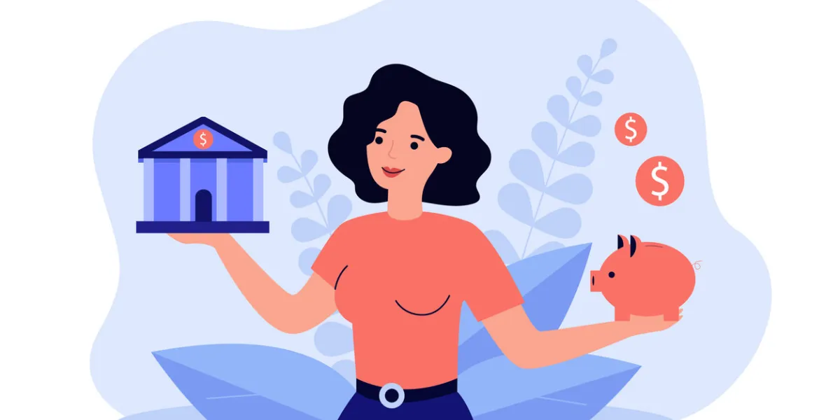 woman choosing between bank and piggybank flat vector illustration cartoon lady thinking about money safety and budget planning economy choice and investment concept