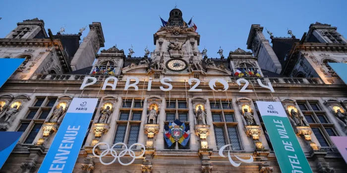 a tight shot of the facade of the city hall of the french capital and the logo paris 2024 for the olympic games march 22, 2024, paris, france